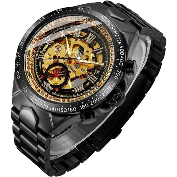 Mens Black/Gold Mechanical Skeleton Watch